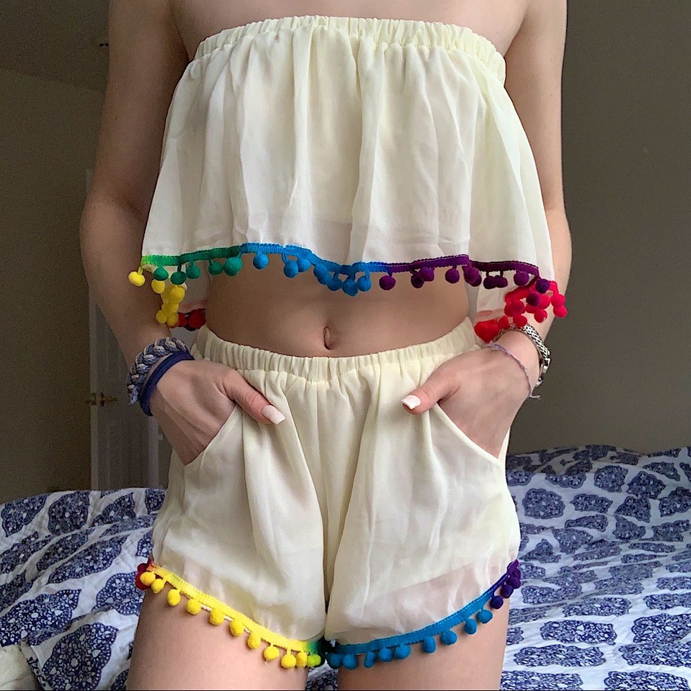 Rainbow pompom trimmed matching set - white/cream